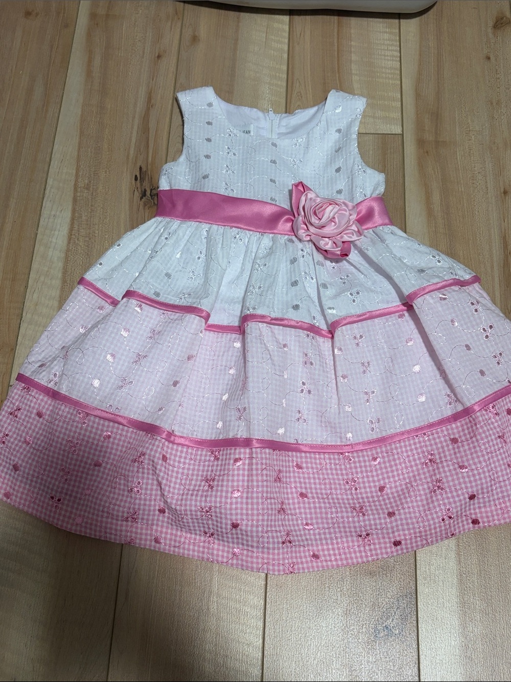 White & Pink Floral Satin Sash Girls' Party Dress